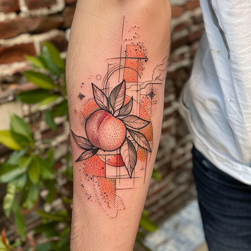 Bohemian flat tattoo sketch of a peach with earth tones and organic shapes