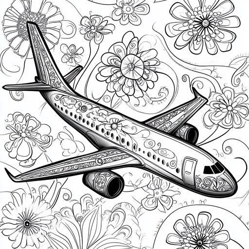 Jet with floral patterns and whimsical designs, coloring page