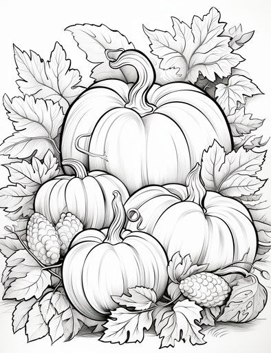 Autumn coloring page with pumpkins and leaves