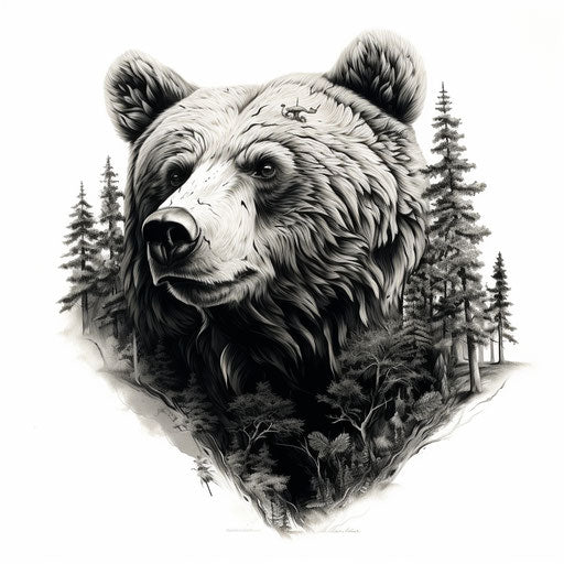 Bear with a pencil drawing and trees, in bold traditional style
