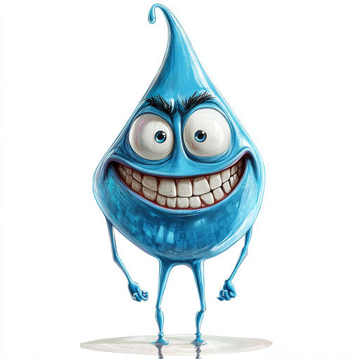 Humorous caricature of a water drop with human characteristics