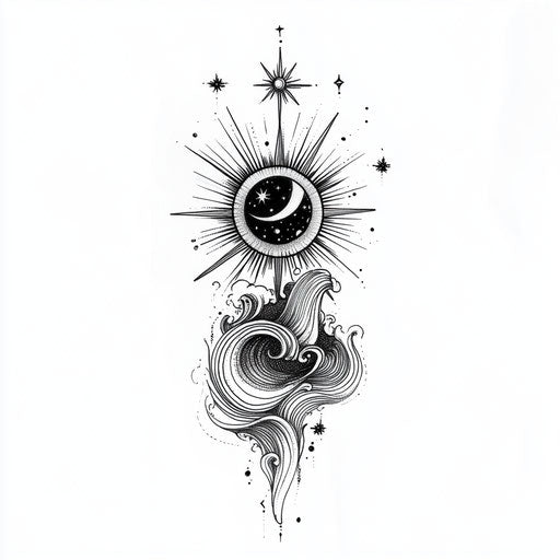 Inner elbow tattoo with sunburst and wave patterns