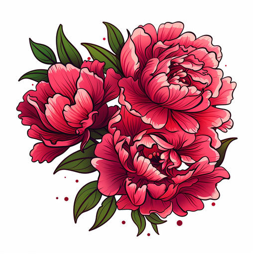 Peony tattoo design on white background, colored cartoon style