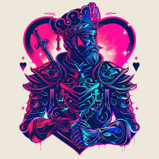 Futuristic flat tattoo sketch of a king of hearts with holographic details