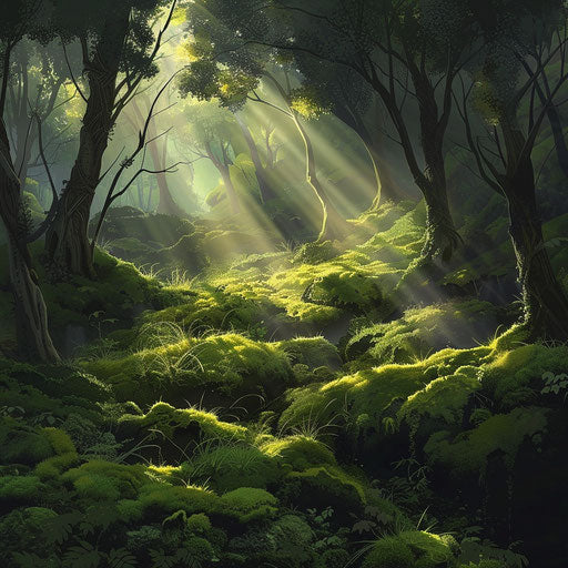 Enchanted mossy forest bathed in morning light