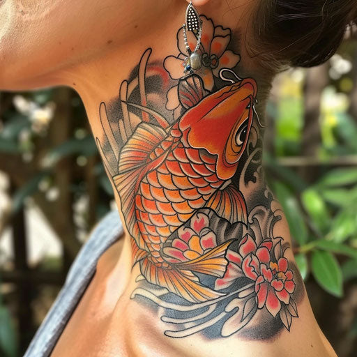 Side neck tattoos with a koi fish, in the style of Ami James