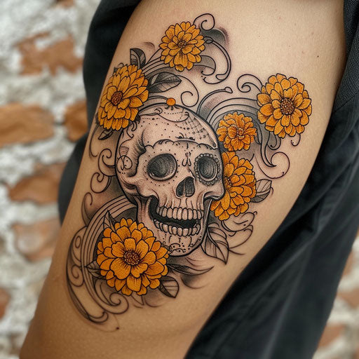 Dynamic flat tattoo sketch of a Calavera surrounded by swirling marigold flowers