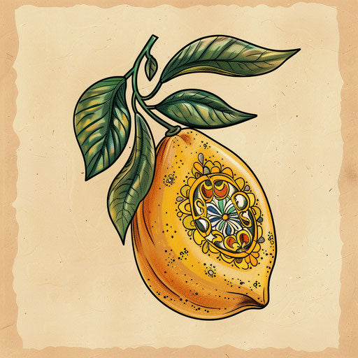 Cultural flat tattoo sketch of a lemon with Mediterranean mosaic tile designs