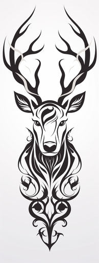 An illustration of a deer head with horns, in the style of Maori art