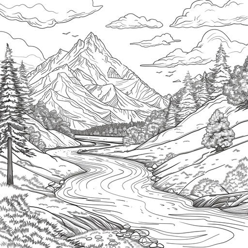 Serene mountain landscape with river - Coloring book page