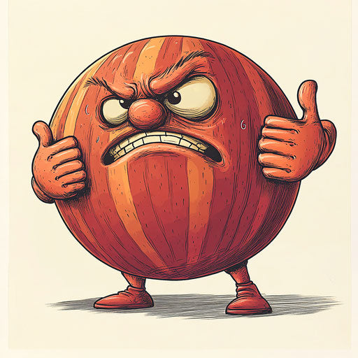 Humorous caricature of a bowling ball with human characteristics