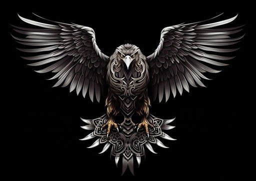 Black and white illustration of a sycogreco eagle, symmetrical design