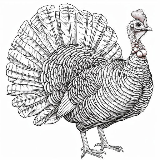 Realistic turkey displaying tail feathers, coloring page