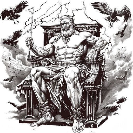 Zeus on his throne with thunderbolts, surrounded by eagles