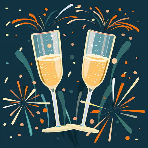 New Year's Eve clipart in photo realistic style with a flat random background, minimalist design, and subtle shading