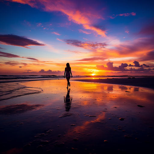 Magical silhouette of a teenager on the beach at sunset