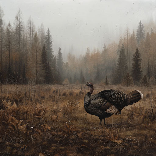 Wild turkey feeding in a tranquil clearing