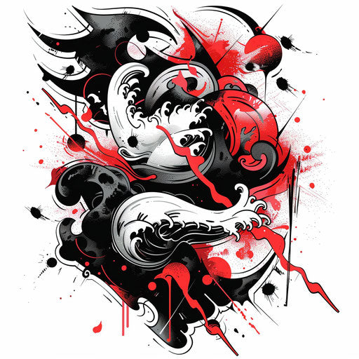 Dynamic storm tattoo sketch with red splashes