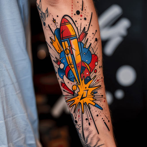 Flat caricature tattoo sketch with chaotic burst of colors