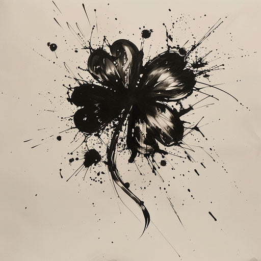 Dynamic tattoo sketch of a clover with abstract splatter effects