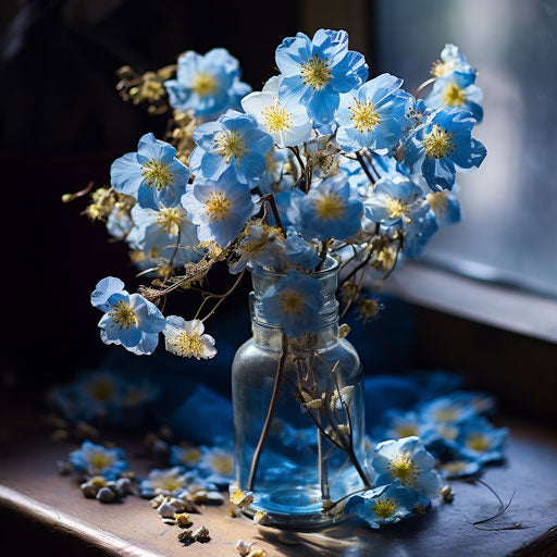 Blue flowers in a bottle of water on a table