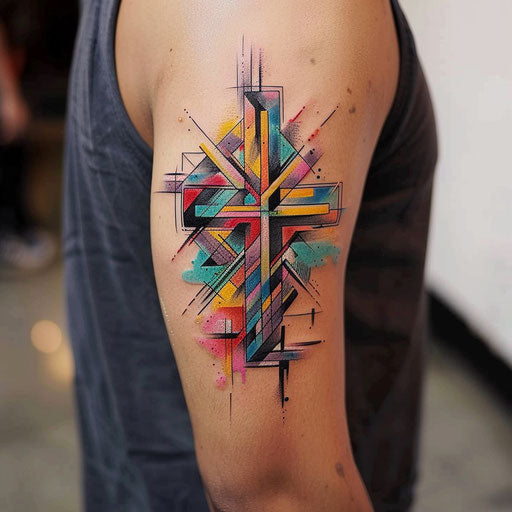 Abstract and colorful cross tattoo for men with geometric patterns