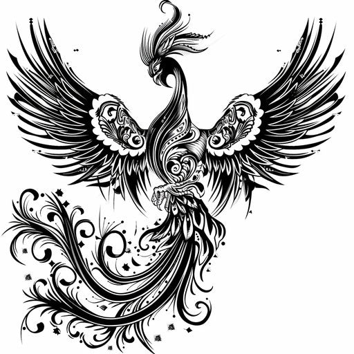 Greek phoenix symbolizing rebirth, tattoo on white background