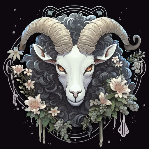 Ram with moon, feminine sticker art style