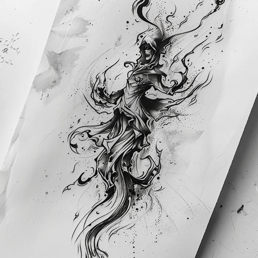 Dynamic flat tattoo sketch of a shinigami descending from a cloud of ink