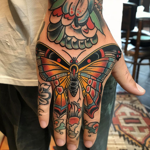 Butterfly hand tattoo with Japanese influences, Ami James style