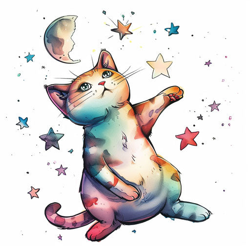 Chubby cat reaching for the moon and stars