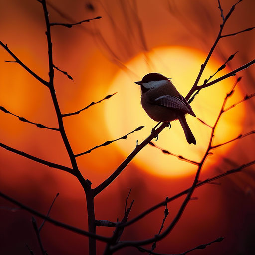 Chickadee bird silhouetted against a dramatic sunset