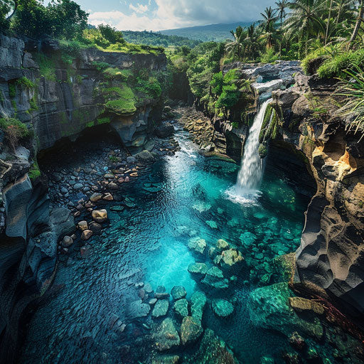 Tegenungan Waterfall with crystal clear waters and rugged cliffs