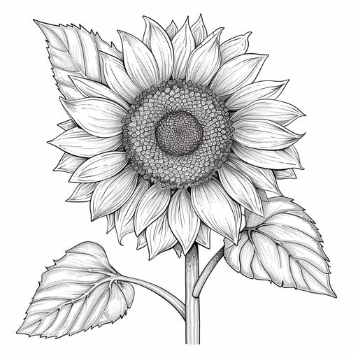 A single sunflower with detailed petals and leaves. Coloring book page