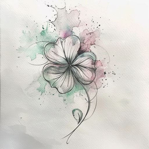 Elegant tattoo sketch with clover and delicate watercolor splashes