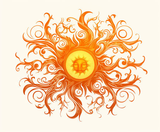 Sun with swirls in tattoo-inspired anime style, subtle