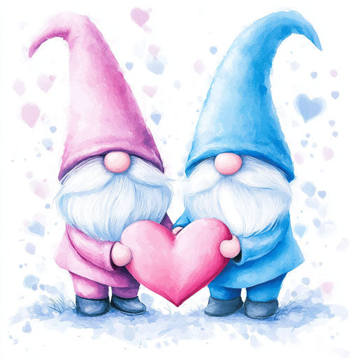 Cute gnomes holding a pink and blue heart on white background