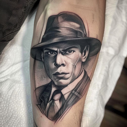 Black and grey ink tattoo of a classic gangster with a fedora hat