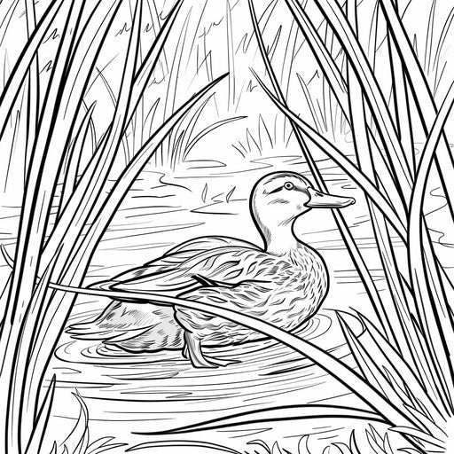 Duck swimming on a pond with reeds