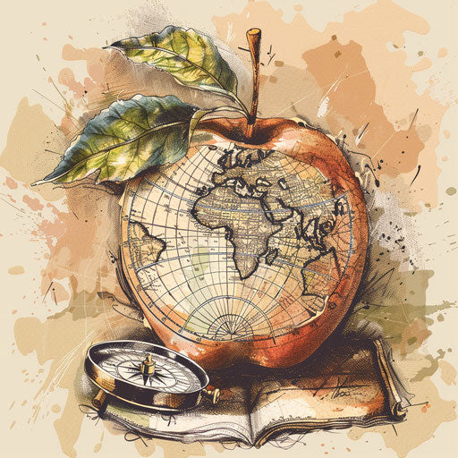 Apple with map and compass, travel style, earth tones