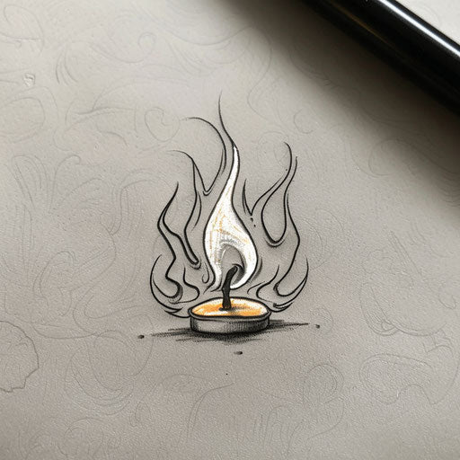 Flat tattoo sketch of a micro realism soft candle flame