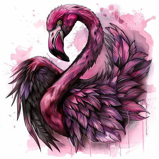 Gothic flamingo tattoo design with dark themes and moody colors, on a white background.