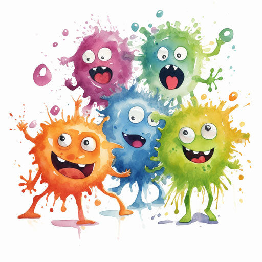 Impressionistic Art style clipart of germs, on white background