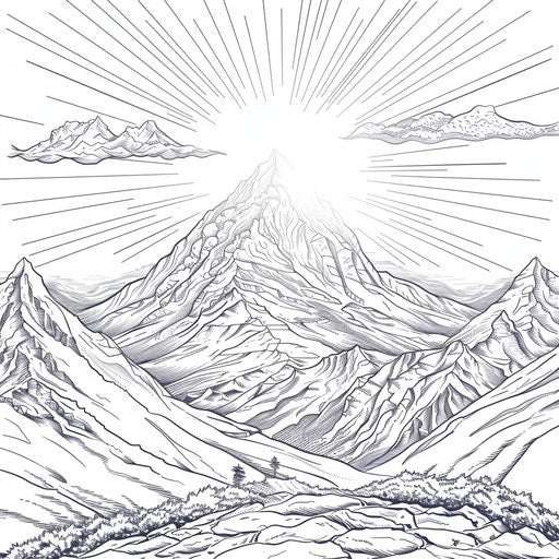 Panoramic view with clear sky and sunburst over the peak