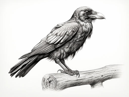 Black and white drawing of a raven, detailed style, dark humor
