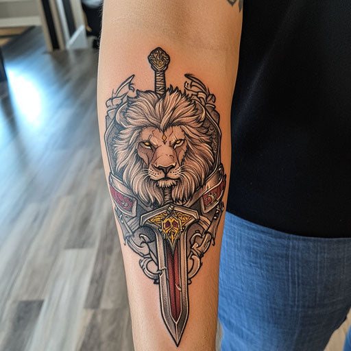 Lion forearm tattoo with medieval weaponry