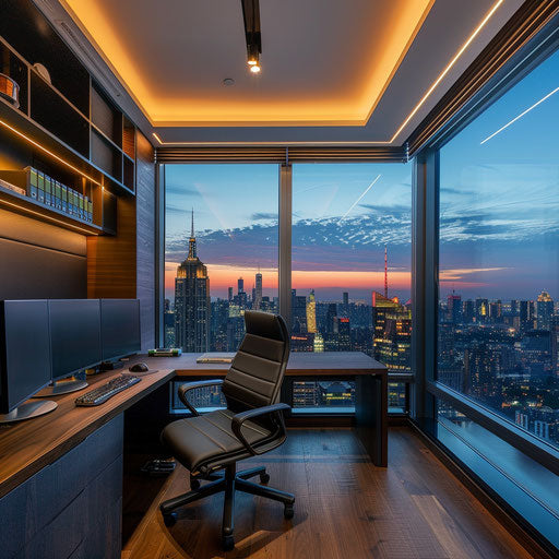 Home office with city skyline view and ambient lighting