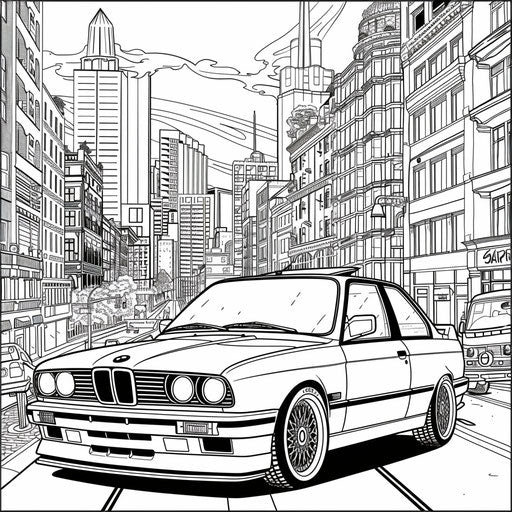 BMW car in detailed urban landscape with intricate buildings