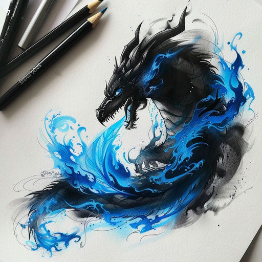 Bold tattoo sketch with a black dragon breathing blue flames