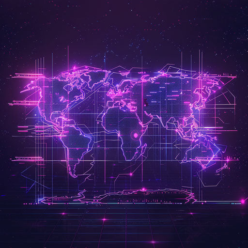 Futuristic neon map with digital patterns
